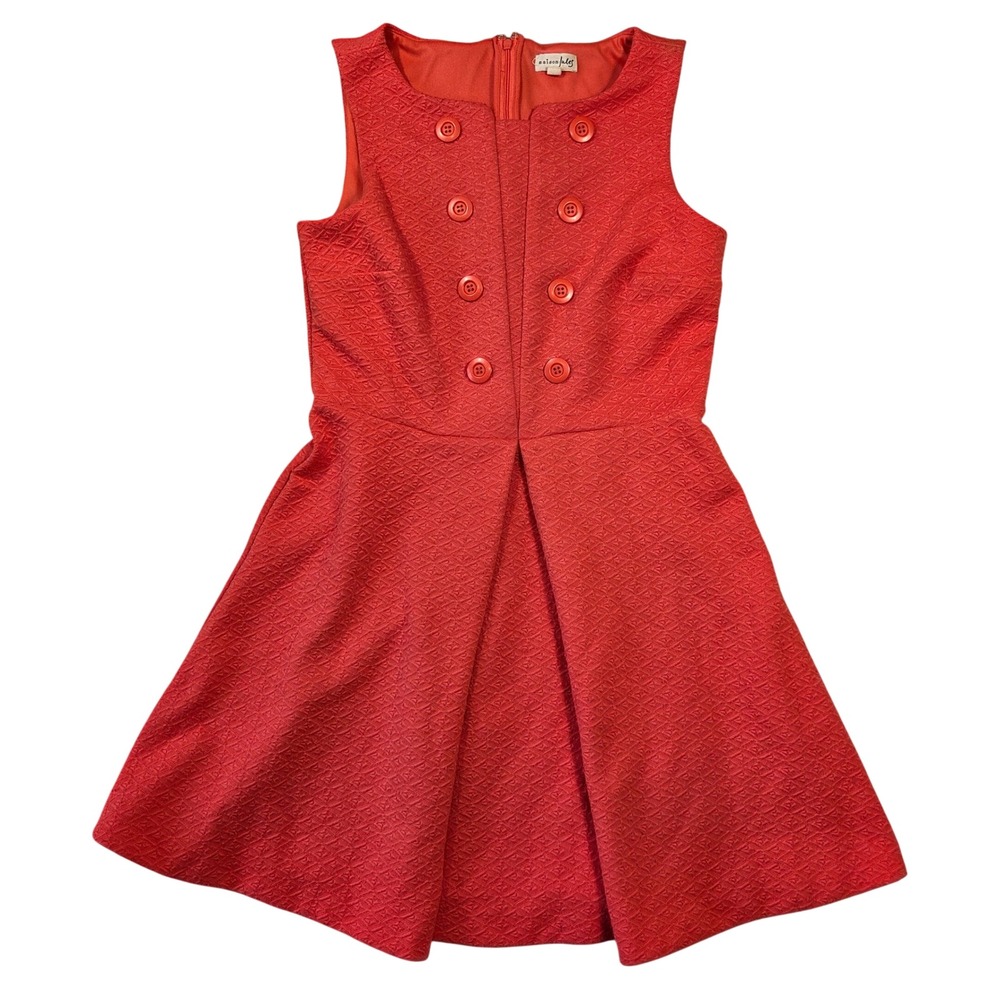 Maison Jules Red Textured Jacquard Fit and Flare‎ Dress Double Breasted Accent L